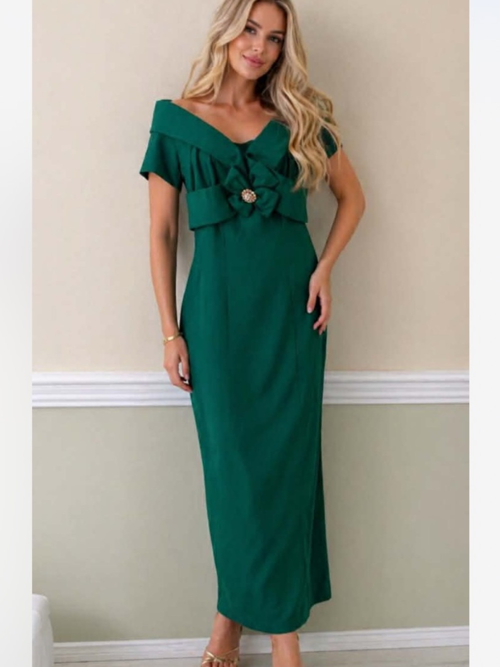 Watters Green Satin Maxi Dress with Bow and Jeweled Accent 6